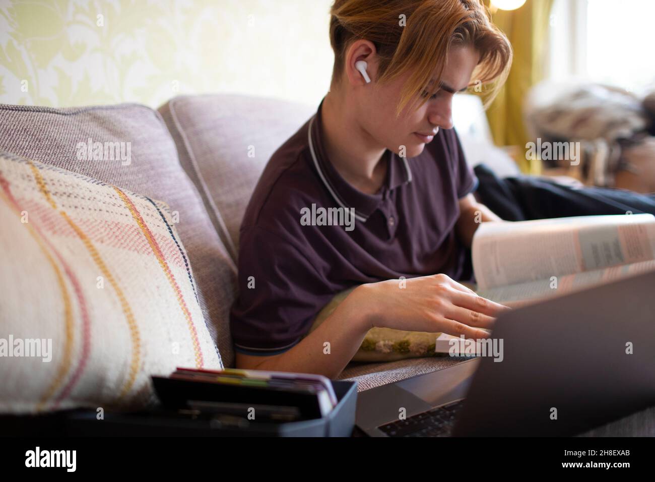 Ragazzo con libro di testo e laptop che studia a casa Foto Stock