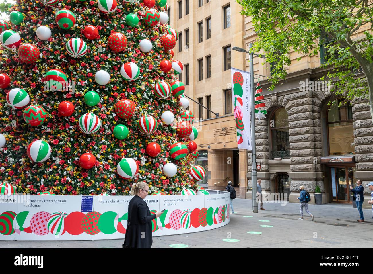 Albero di natale pubblico di Sydney a Martin Place sydney con le marcature del pavimento per l'allontanamento sociale dovuto la pandemia di 19 del covid, il centro della città di Sydney, l'Australia Foto Stock