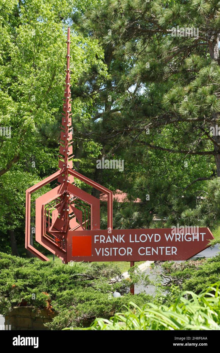 Cartello per il centro visitatori Frank Lloyd Wright. Fondazione Frank Lloyd Wright. Taliesin Preservation LLC. Spring Green, Wisconsin, Stati Uniti. Foto Stock