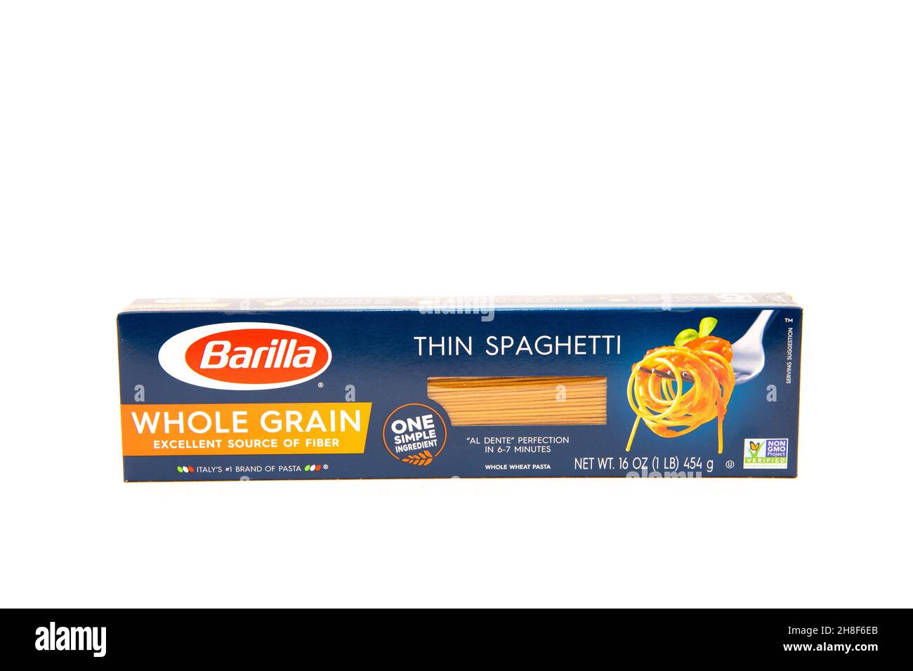 Una scatola da 1 libbra di barilla spaghetti interi a grana fine Foto Stock