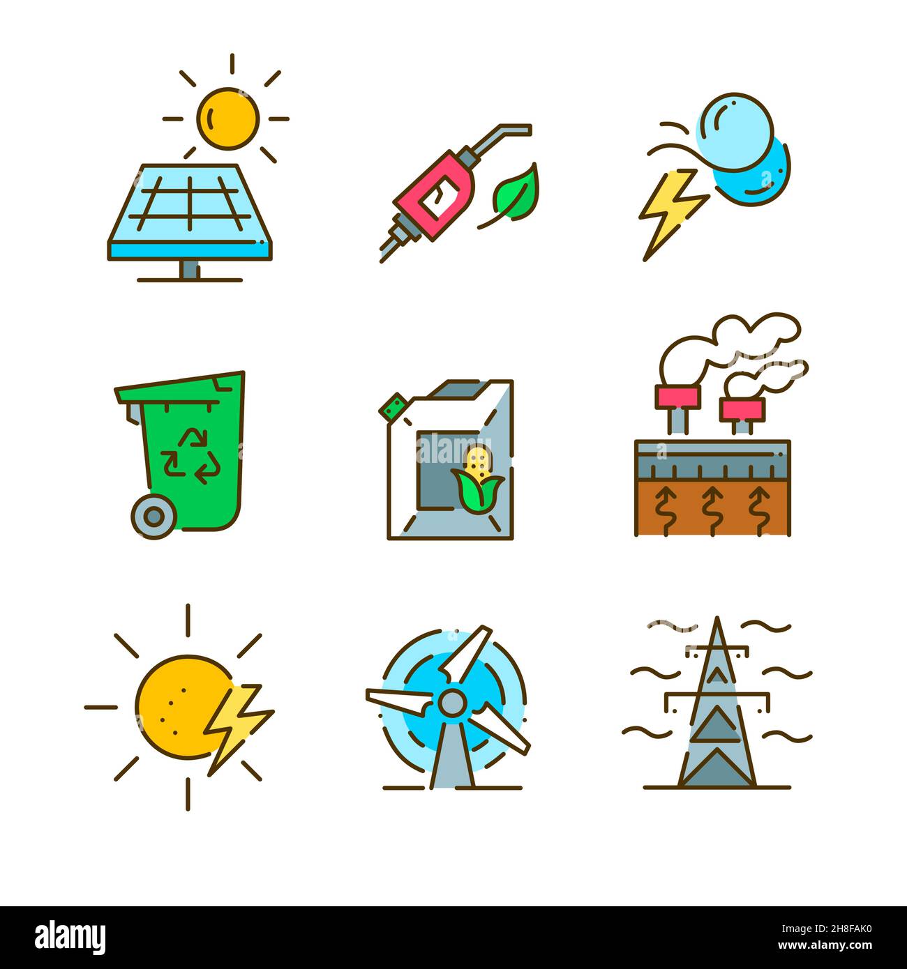 Energia sostenibile. Fonti alternative ecocompatibili. Solare, vento, idrotermale ed altro. Pixel Perfect, tratto modificabile Illustrazione Vettoriale