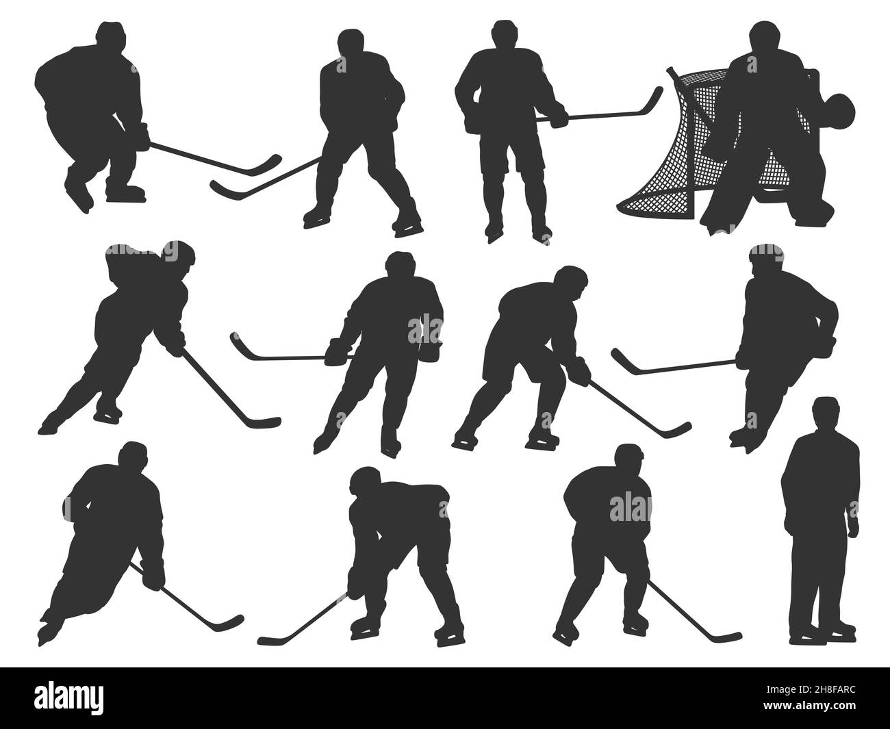 Giocatori di hockey su ghiaccio silhouette vettoriali, avanti con bastone che controlla puck e attaccamento, difensore di pattinaggio su ghiaccio, goaltender o goalie in protezione fuori Illustrazione Vettoriale