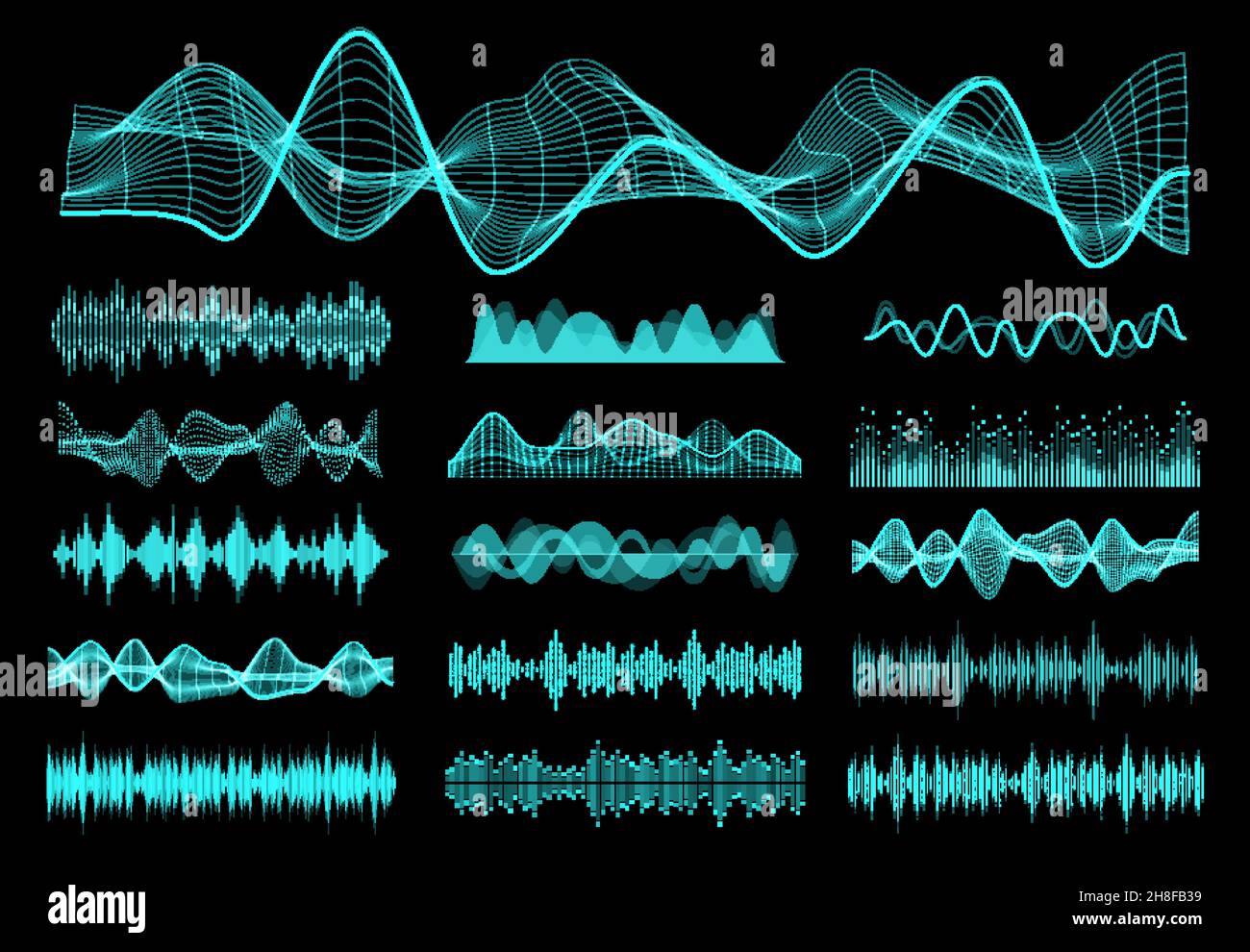 Le onde sonore HUD, l'equalizzatore audio e gli elementi di flusso di frequenza del controllo vocale sono impostati. Segnale radio, forma d'onda musicale e spettro delle onde sonore, volume del suono, vib Illustrazione Vettoriale