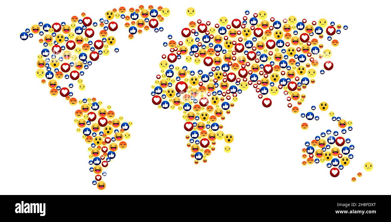 Mappa del mondo piena di emoji e reazioni in colorful Design. Il concetto di social media moderno sullo sfondo Foto Stock