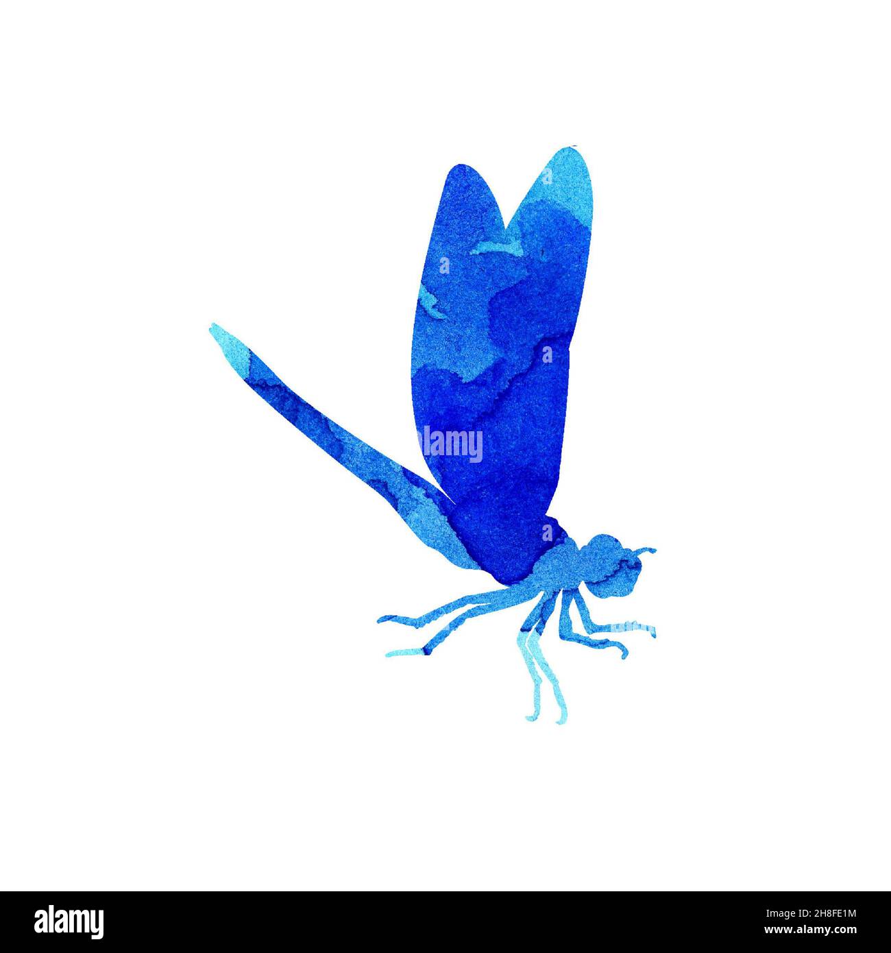 Acquerello illustrazione di una libellula astratta blu con strisce di vernice. Cute divertente insetto stampa. Un insetto alato con occhi grandi. Isolato su bac bianco Foto Stock