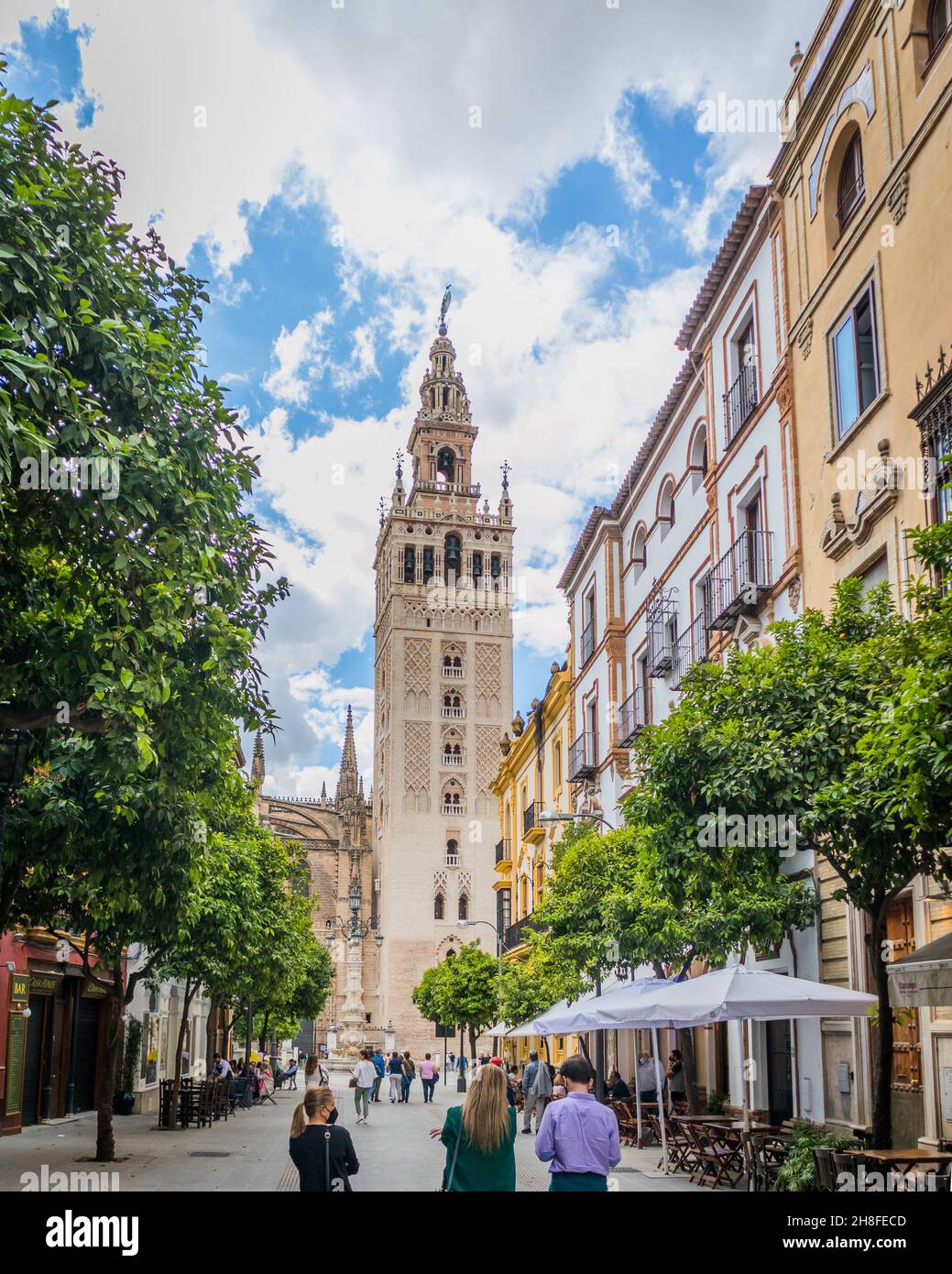 Vista della Giralda da una delle strade del quartiere Santa Cruz di Siviglia. Un'icona del turismo in Spagna. Foto Stock