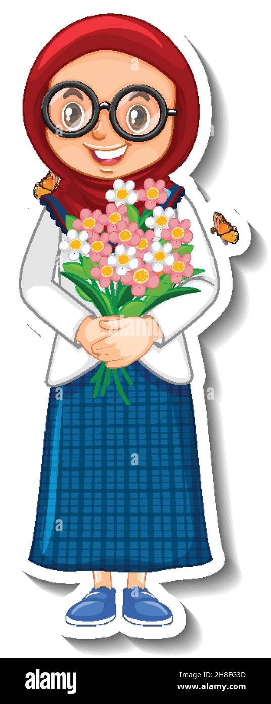 Ragazza musulmana che tiene il fiore bouquet cartoon illustrazione di adesivo Illustrazione Vettoriale