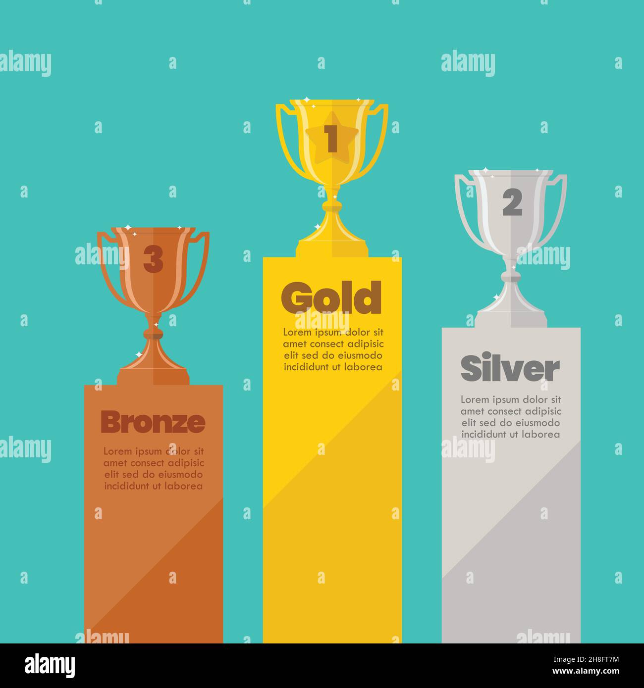 Infografica sulla classifica delle coppe dei campioni d'argento e bronzo con testo di esempio. Illustrazione vettoriale di stile piatto Illustrazione Vettoriale