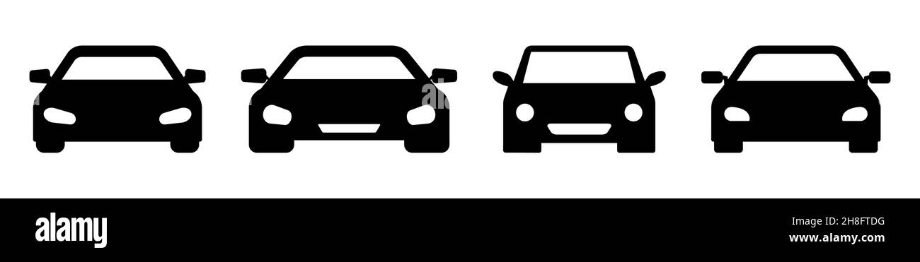 Set di icone dell'auto. Vista frontale della silhouette dell'automobile. Berlina auto isolata su sfondo bianco Illustrazione Vettoriale