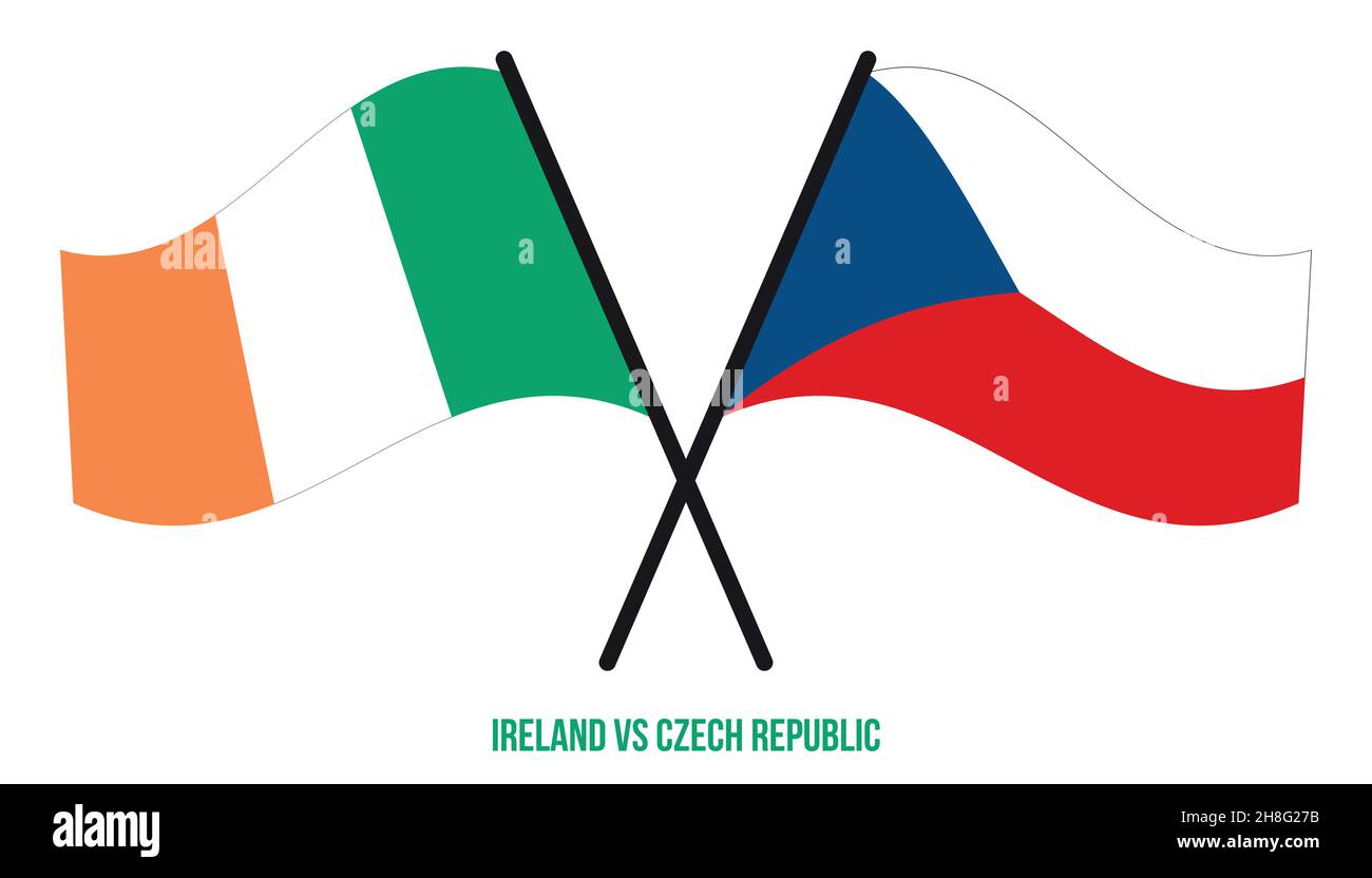 Irlanda e Repubblica Ceca Bandiere incrociate e ondulate stile piatto. Proporzione ufficiale. Colori corretti. Illustrazione Vettoriale
