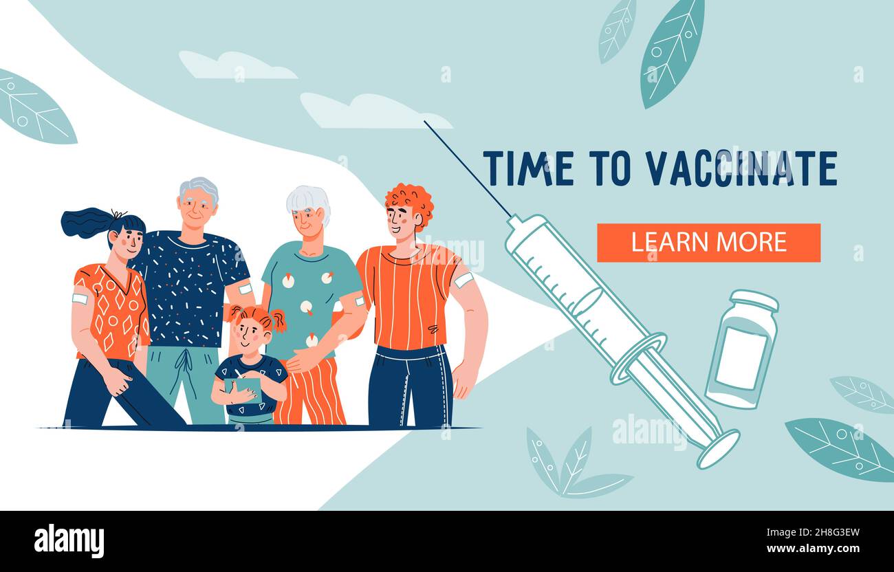 Modello di banner sito web per la vaccinazione antivirus Covid-19, illustrazione vettoriale piatta. Illustrazione Vettoriale