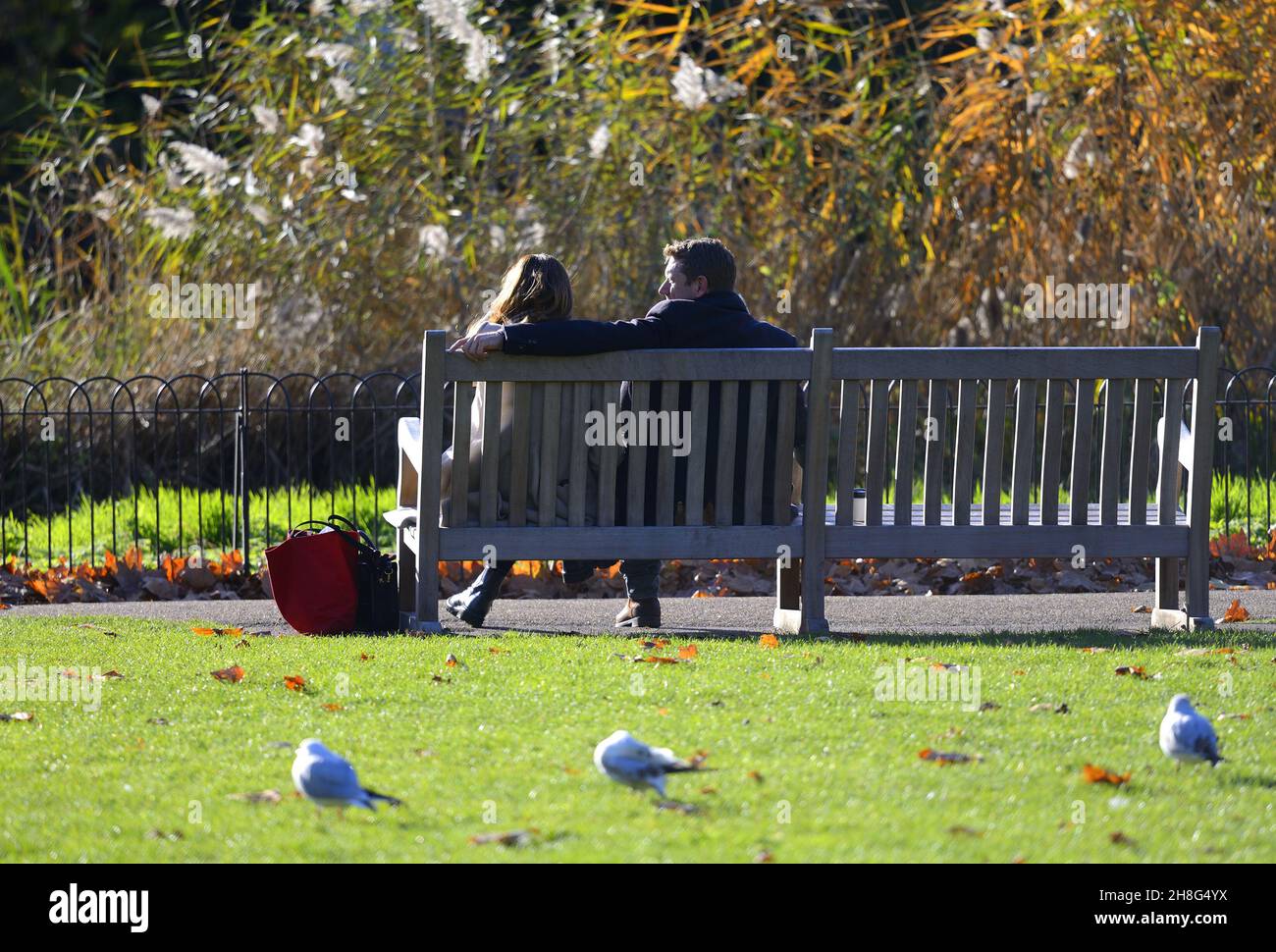 Londra, Inghilterra, Regno Unito. Freddo ma soleggiato nel St James's Park. Una coppia su una panca vicino ai letti di canna. Novembre 2021 Foto Stock