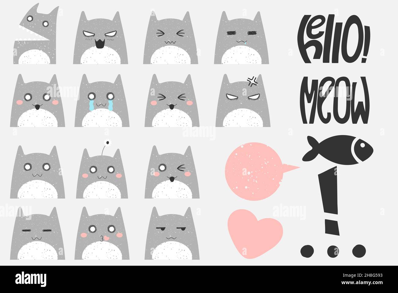 Set disegnato a mano con gatto carino con vari emotivi in stile anime e voce abble con citazione diversa. Carino kitty collezione clip art isolato in Illustrazione Vettoriale
