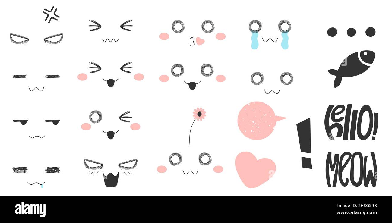 Kawaii gatti emozioni varie: Felice, amore, bacio, arrabbiato, piangere, confuso e ecc in stile anime o manga. Fascio disegnato a mano con divertente gattino volti i Illustrazione Vettoriale
