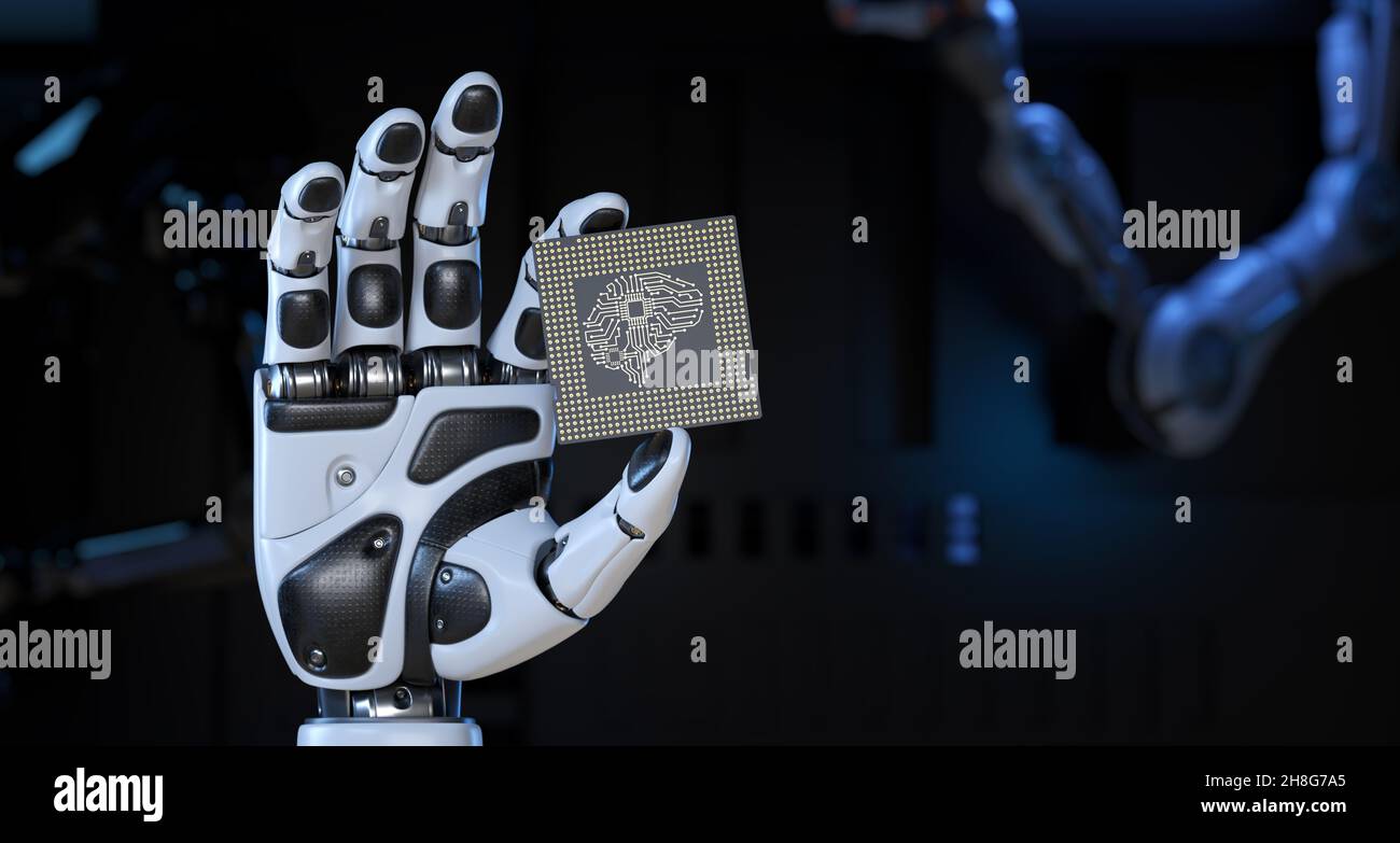 Mano del robot che tiene un'unità processore di computer di intelligenza artificiale. illustrazione 3d Foto Stock