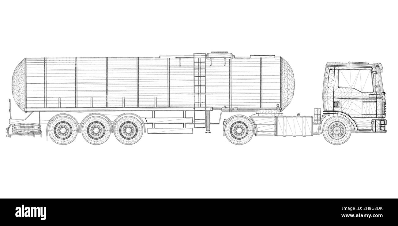 Struttura a reticolo di un carro armato per il trasporto di benzina da linee nere isolate su sfondo bianco. Carrello con serbatoio per il trasporto di merci Illustrazione Vettoriale