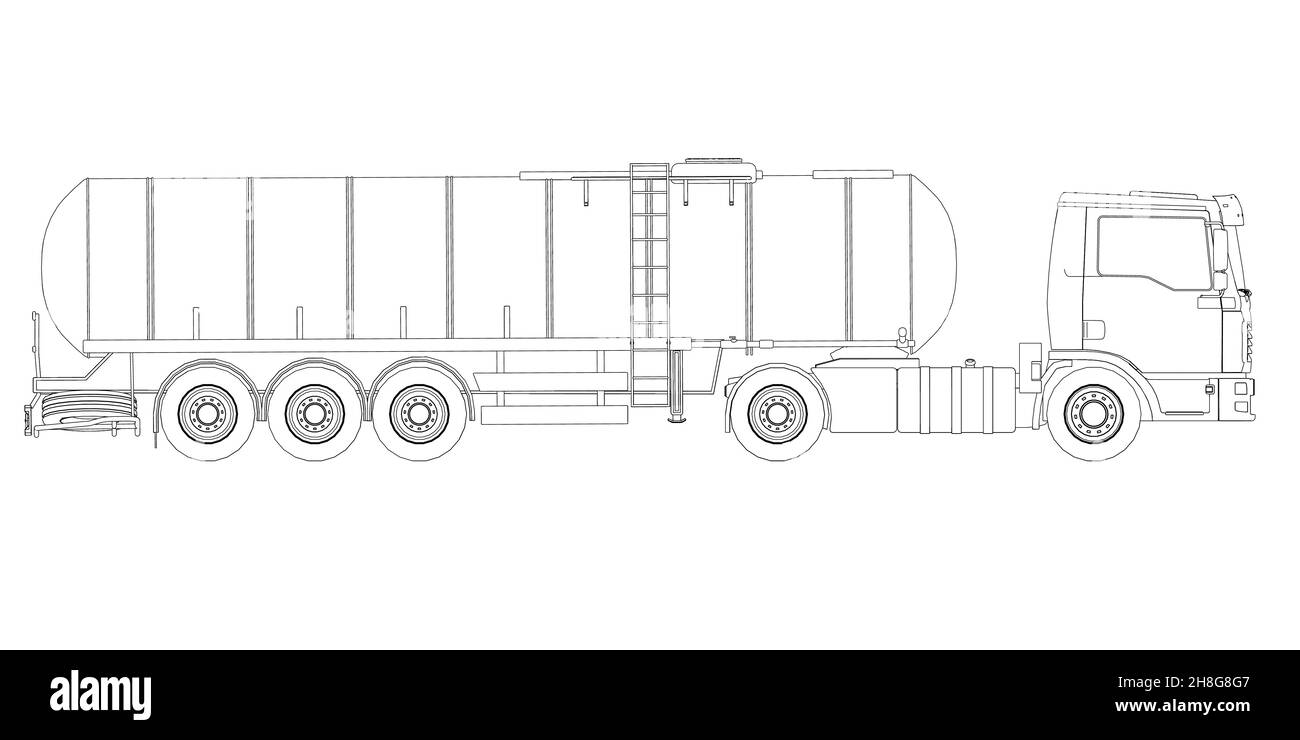 Profilo di un carro armato per il trasporto di benzina da linee nere isolate su sfondo bianco. Carrello con serbatoio per il trasporto di merci. Illustrazione Vettoriale