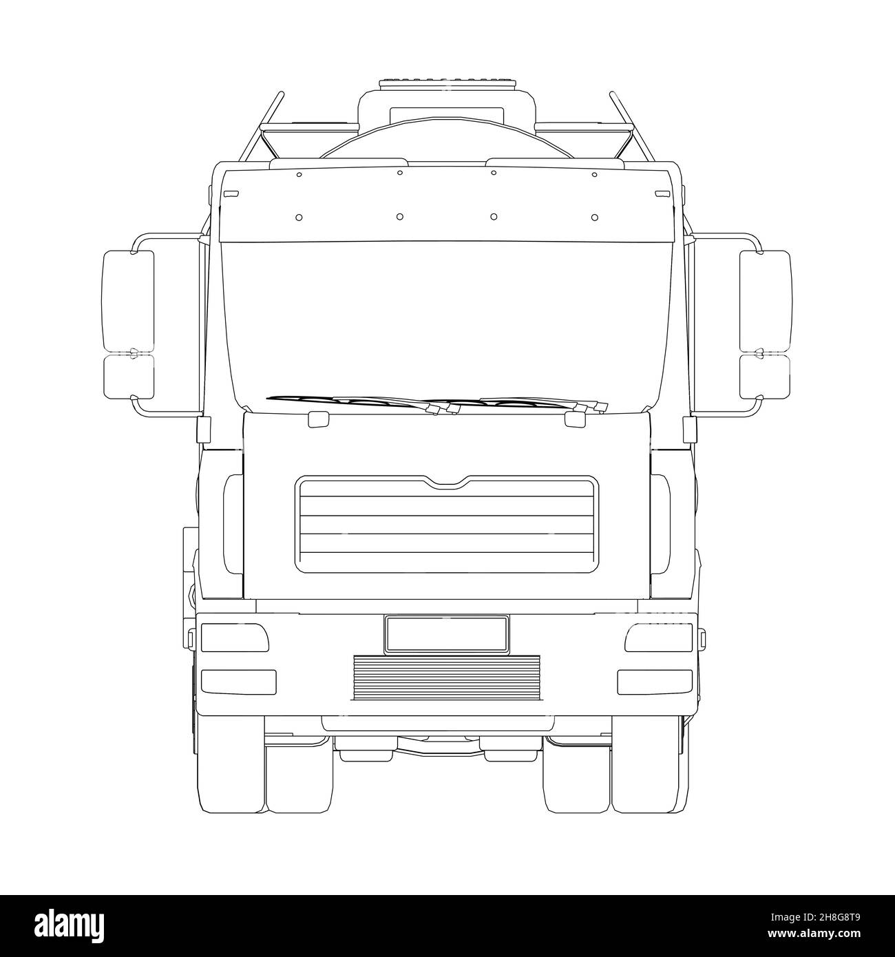 Profilo di un carro armato per il trasporto di benzina da linee nere isolate su sfondo bianco. Carrello con serbatoio per il trasporto di merci. Illustrazione Vettoriale