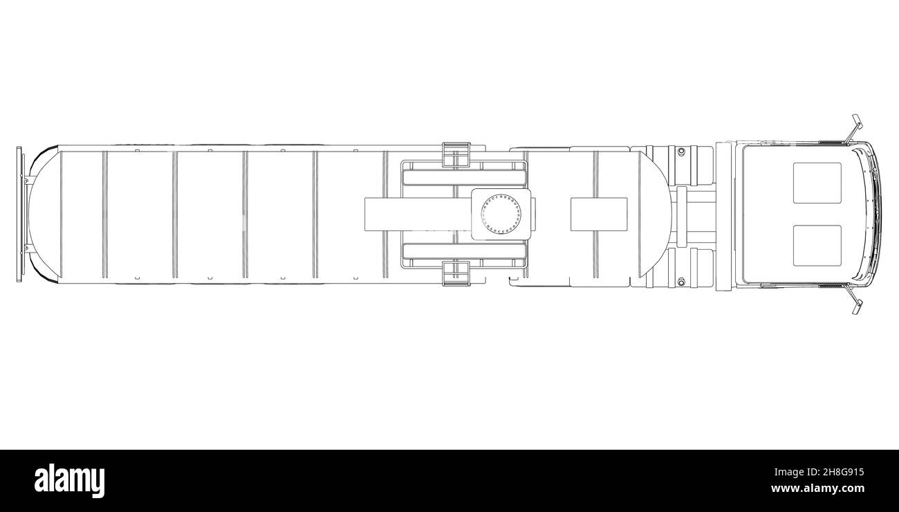 Profilo di un carro armato per il trasporto di benzina da linee nere isolate su sfondo bianco. Carrello con serbatoio per il trasporto di merci. Illustrazione Vettoriale