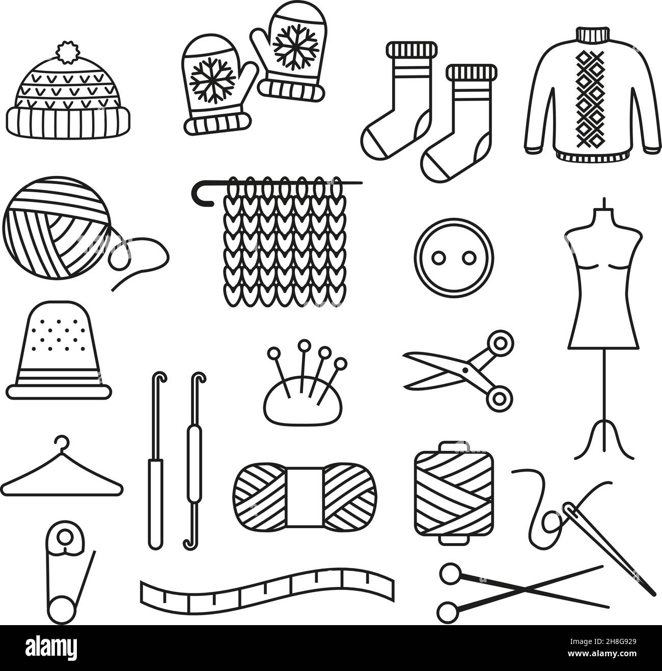 Set di abiti in maglia di lana e strumenti di maglieria isolati su sfondo bianco. Bottoni, ganci e forbici, jumper, calzino e guanti EPS 10 Illustrazione Vettoriale