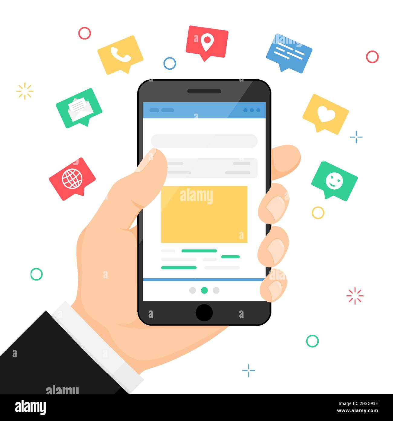 Porta lo smartphone con le mani. Icone, emoji, messaggi di testo, notifiche escono dallo schermo. Concetto di comunicazione e social networking, sul backgro bianco Illustrazione Vettoriale