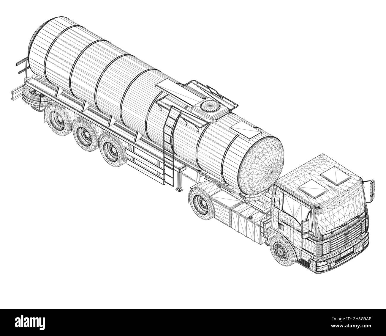 Struttura a reticolo di un carro armato per il trasporto di benzina da linee nere isolate su sfondo bianco. Carrello con serbatoio per il trasporto di merci Illustrazione Vettoriale