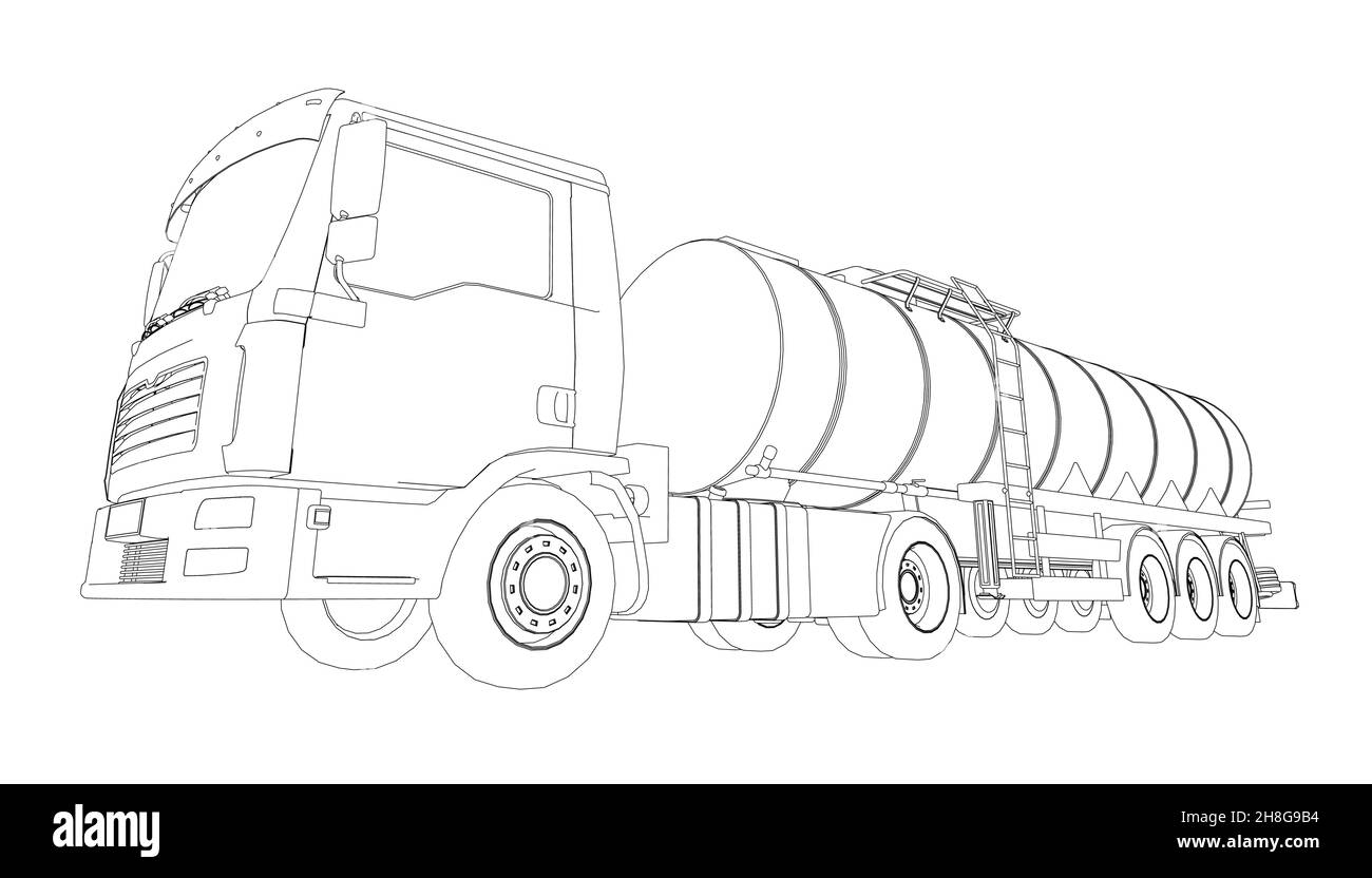 Profilo di un carro armato per il trasporto di benzina da linee nere isolate su sfondo bianco. Carrello con serbatoio per il trasporto di merci. Illustrazione Vettoriale