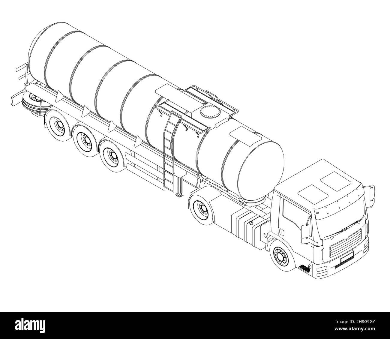 Profilo di un carro armato per il trasporto di benzina da linee nere isolate su sfondo bianco. Carrello con serbatoio per il trasporto di merci. Illustrazione Vettoriale