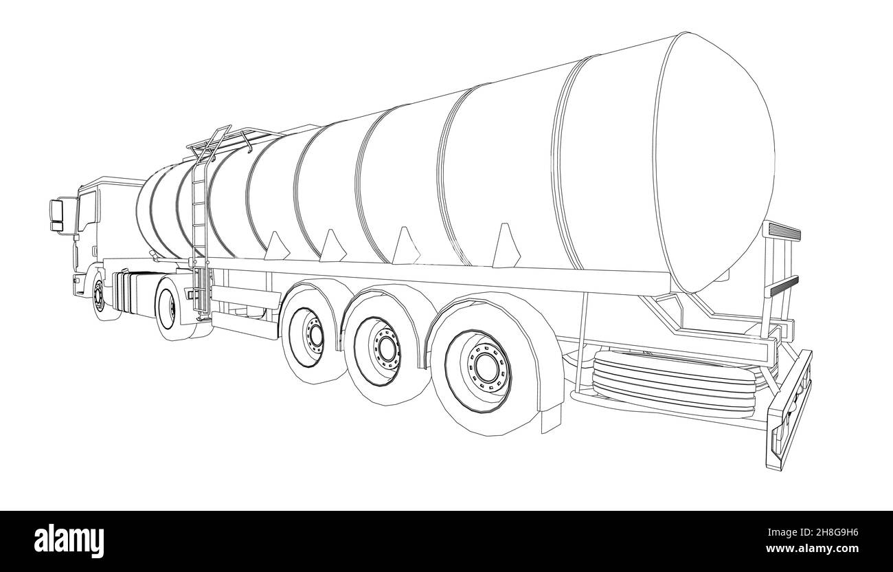 Profilo di un carro armato per il trasporto di benzina da linee nere isolate su sfondo bianco. Carrello con serbatoio per il trasporto di merci. Illustrazione Vettoriale