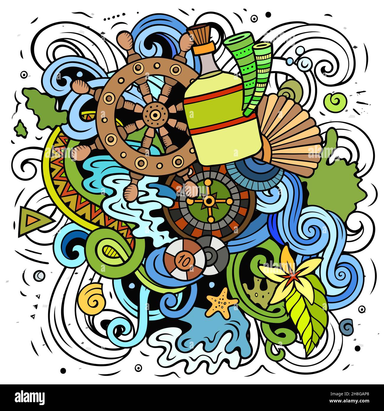 Bahamas cartoon vettore Doodle illustrazione. Composizione colorata e dettagliata con molti oggetti e simboli tropicali. Illustrazione Vettoriale
