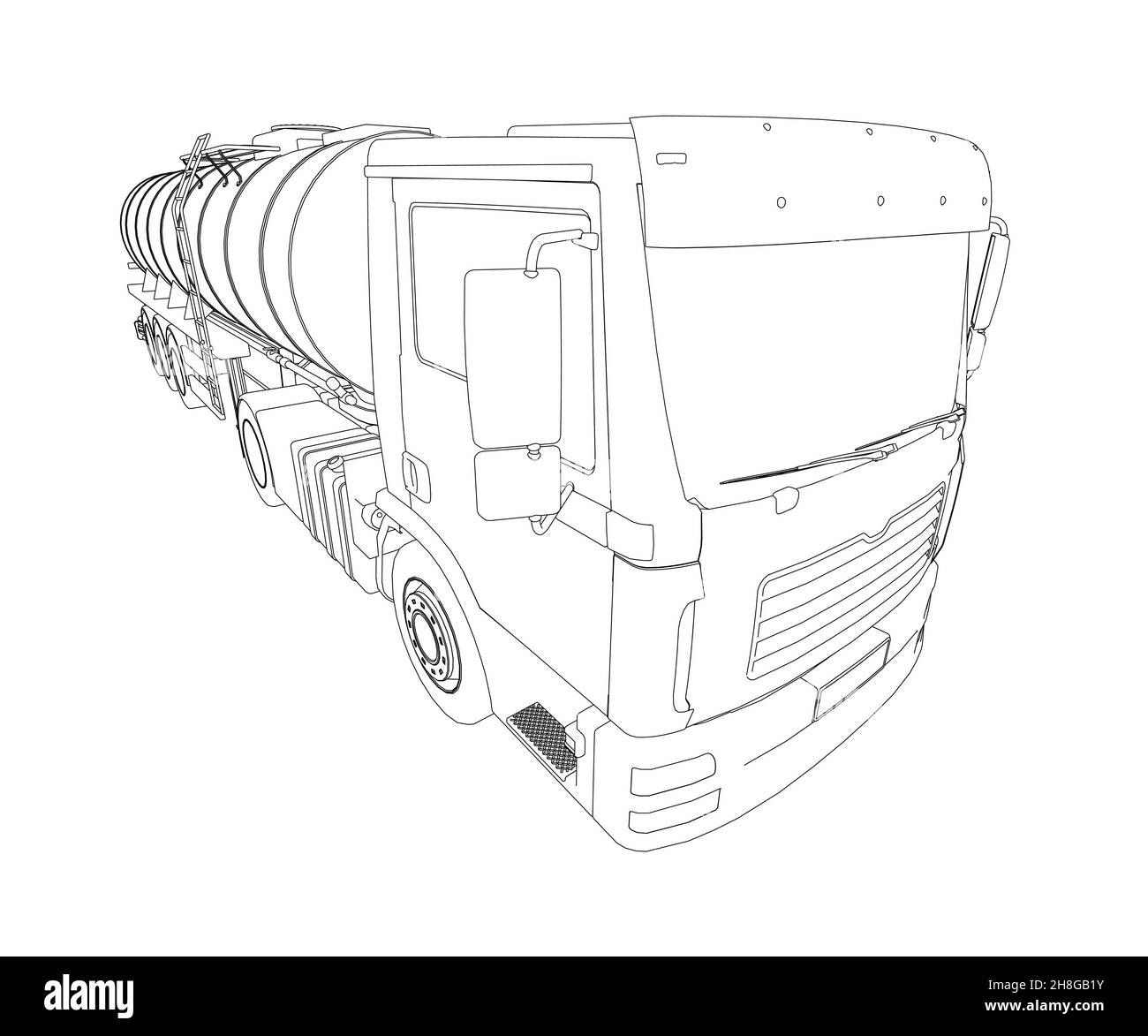 Profilo di un carro armato per il trasporto di benzina da linee nere isolate su sfondo bianco. Carrello con serbatoio per il trasporto di merci. Illustrazione Vettoriale