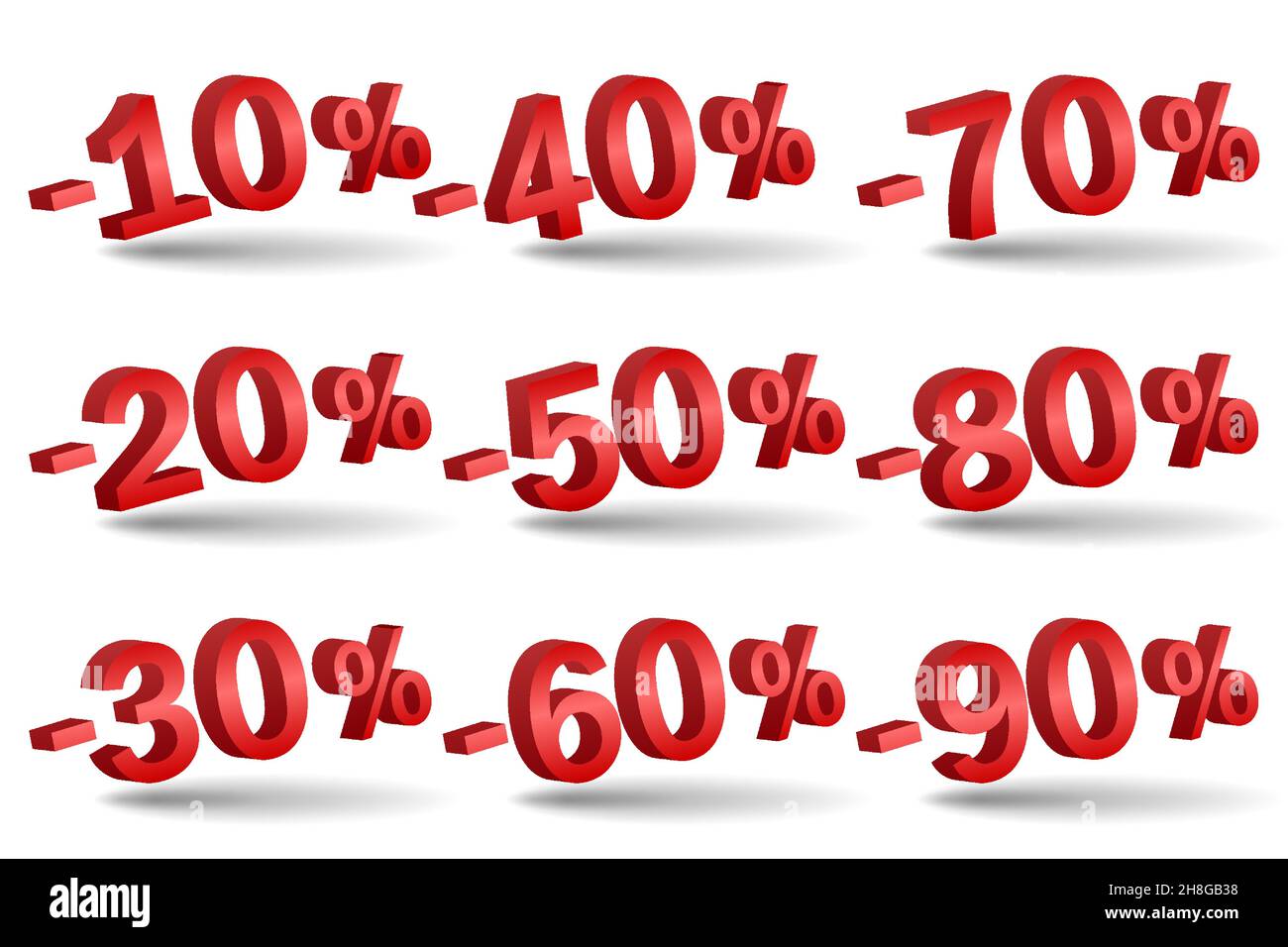 I numeri di sconto vettore 3d. Rosso vendita percentuale Icon Set in 3D Style isolati su sfondo bianco. 10 percento di sconto, 15 off e 20 sconto percentuale Illustrazione Vettoriale