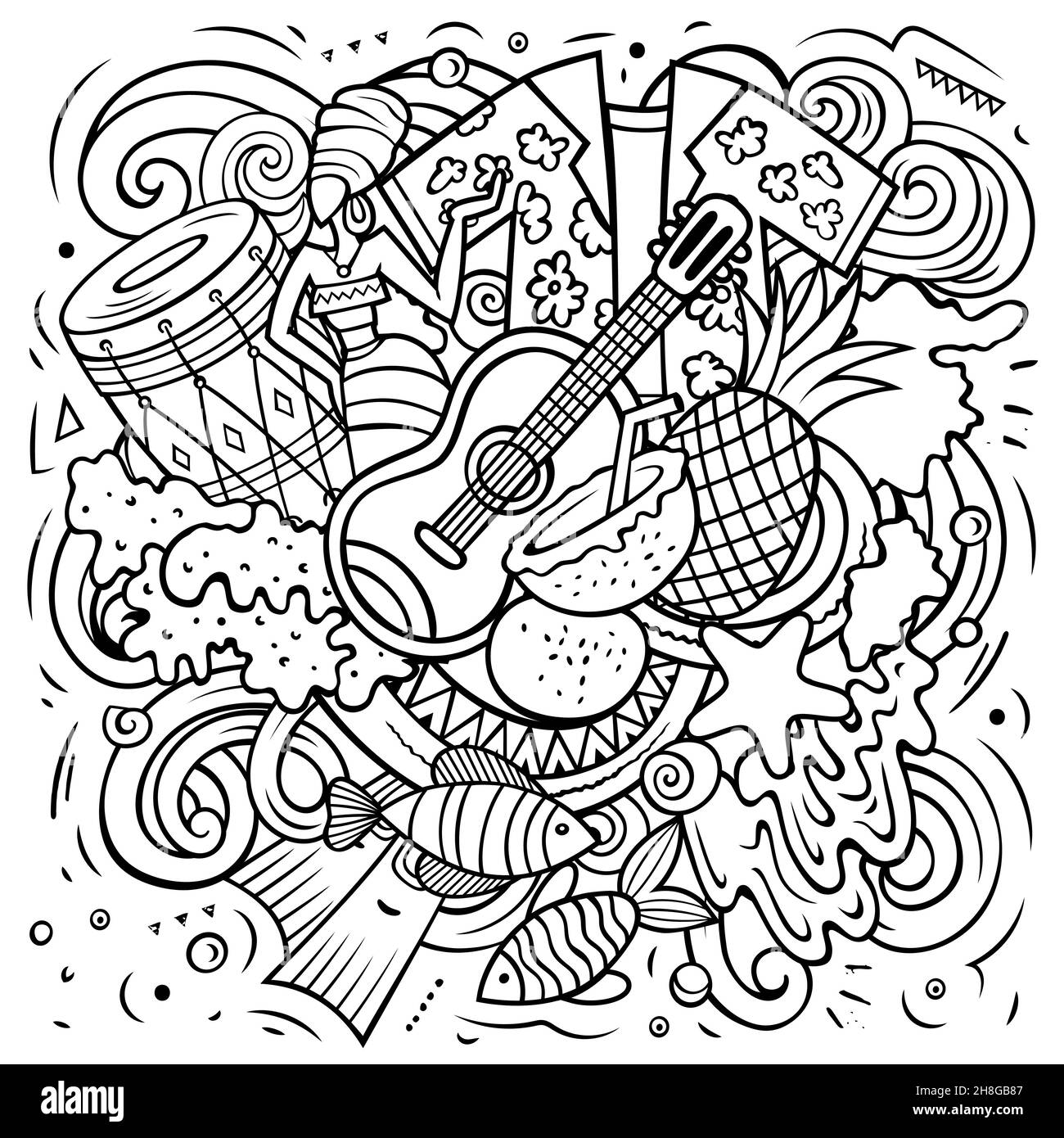 Illustrazione di fumetto vettoriale di Figi. Composizione dettagliata di schizzo con molti oggetti e simboli esotici dell'isola. Illustrazione Vettoriale