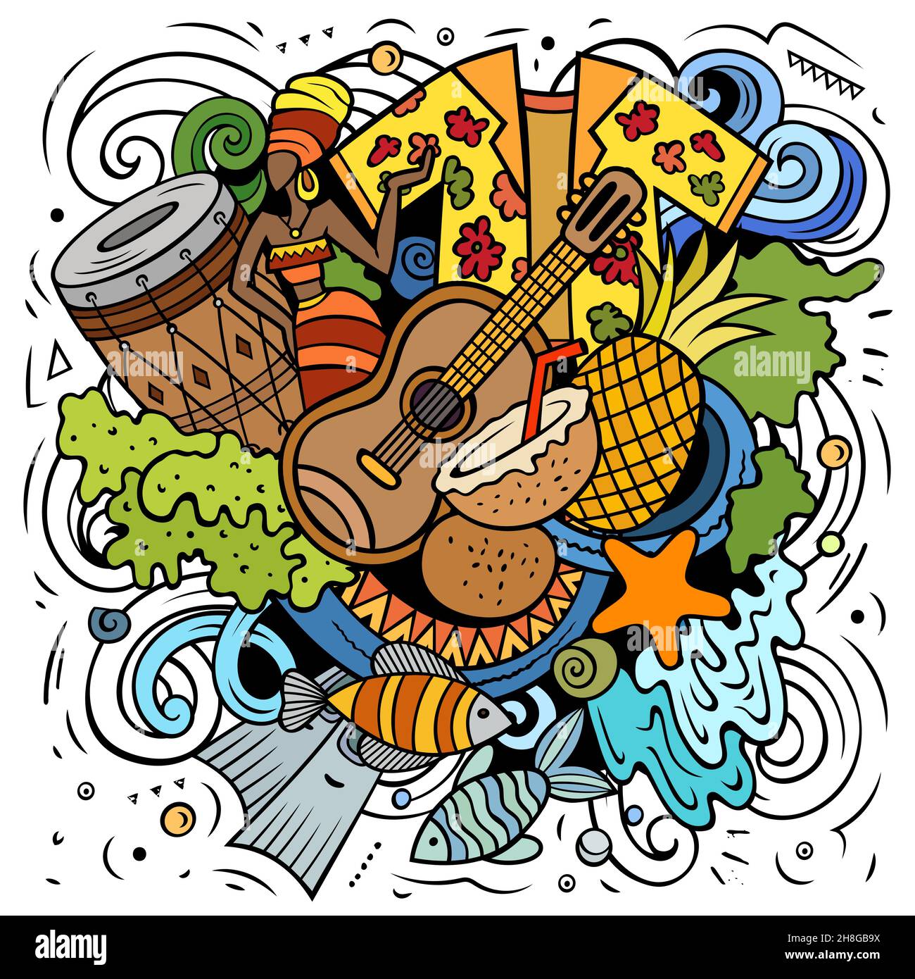 Illustrazione di fumetto vettoriale di Figi. Composizione colorata e dettagliata con molti oggetti e simboli esotici dell'isola. Illustrazione Vettoriale