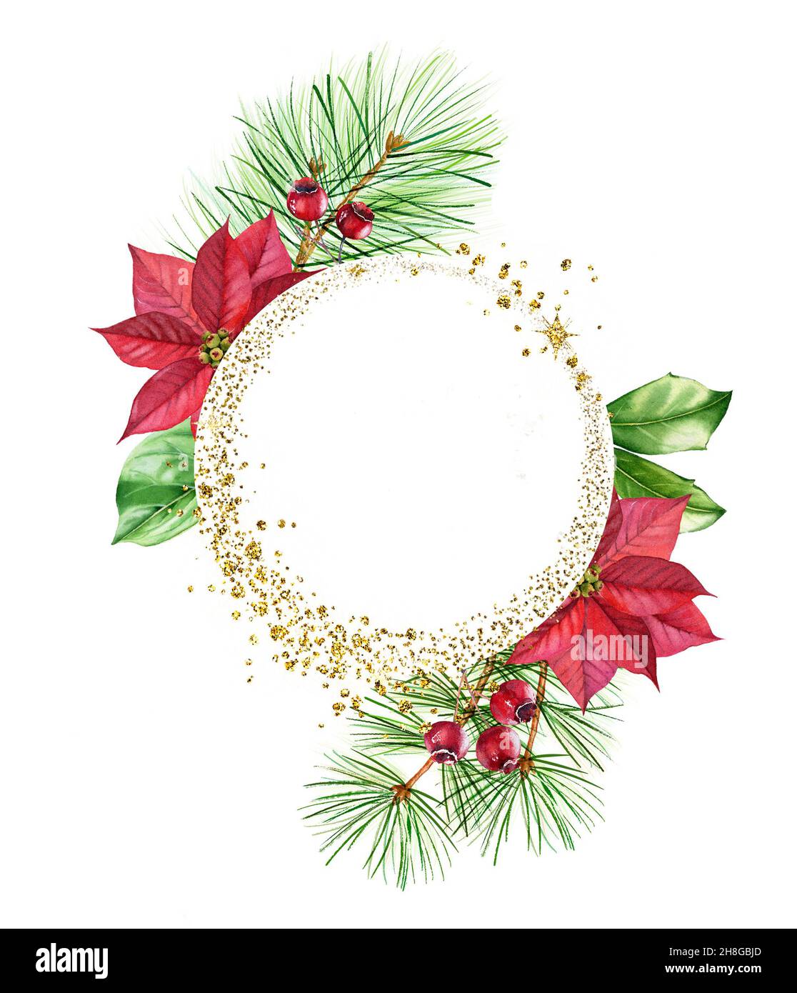 Cornice natalizia ad acquerello con glitter dorata. Modello rotondo con fiore rosso poinsettia, pino, posto per testo e lamina frizzante. Botanica Foto Stock