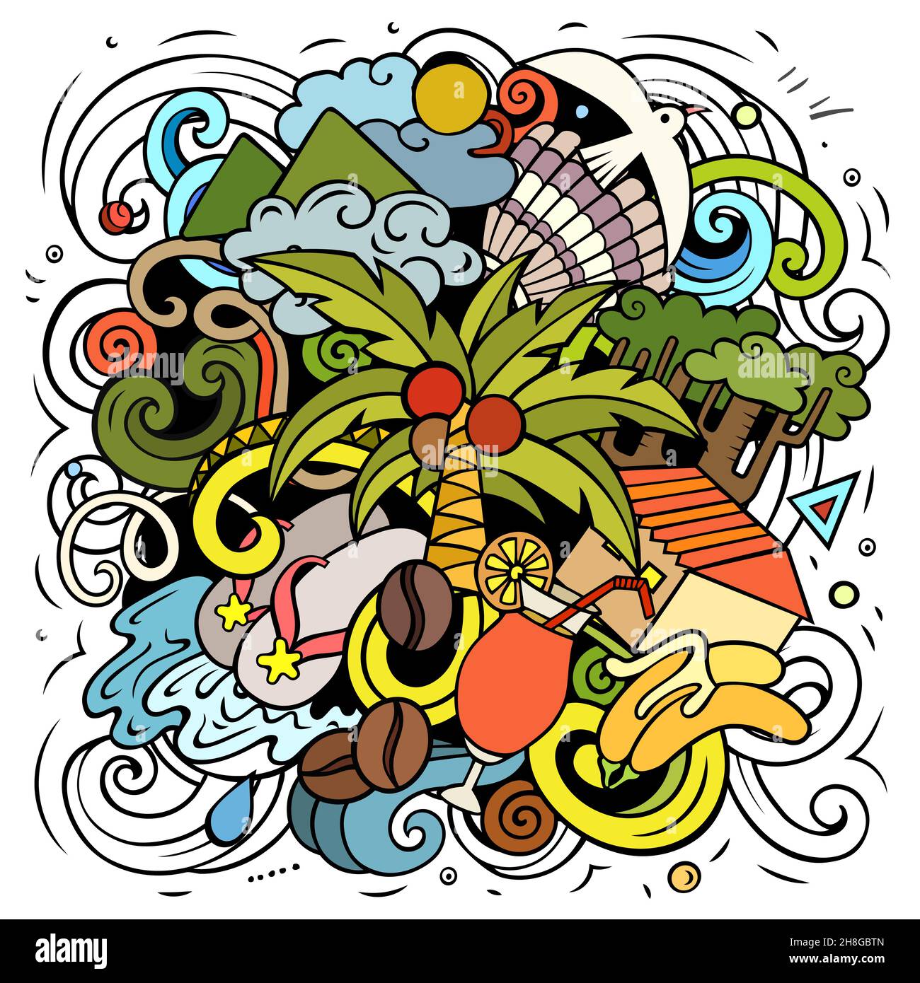 Haiti cartoon vettore Doodle illustrazione. Composizione colorata e dettagliata con molti oggetti e simboli esotici delle isole. Illustrazione Vettoriale