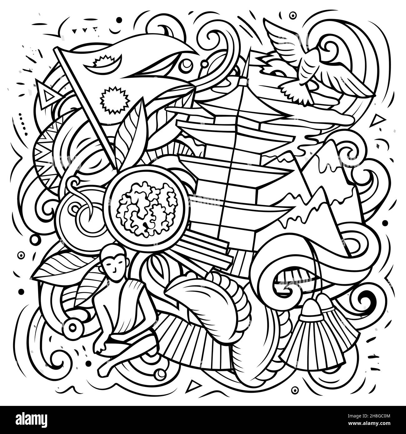 Nepal cartoon vettore Doodle illustrazione. Composizione dettagliata di Line art con molti oggetti e simboli nepalesi. Illustrazione Vettoriale