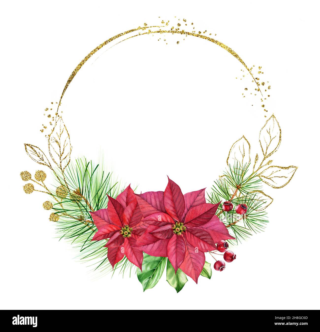Cornice natalizia ad acquerello con glitter dorata. Forma rotonda con posto per testo, fiori rossi, pino. Illustrazione dipinta a mano per le feste. Circolare Foto Stock