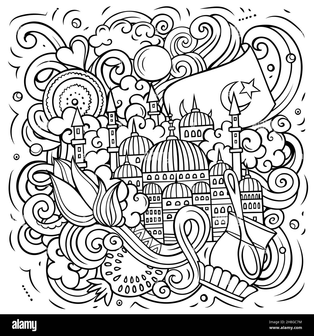 Istanbul cartoon vettore Doodle illustrazione. Composizione dettagliata di schizzo con molti oggetti e simboli turchi. Illustrazione Vettoriale