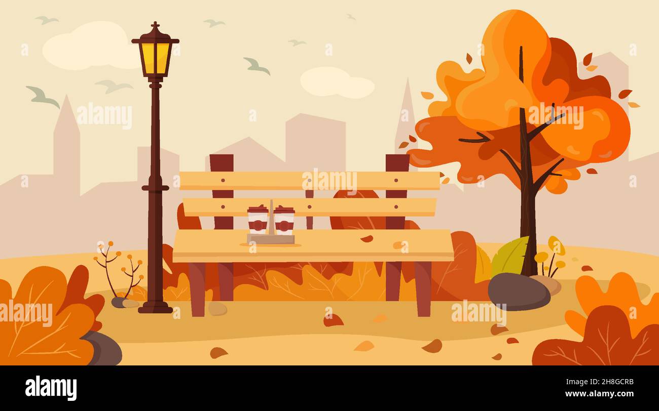 Illustrazione vettoriale di un bellissimo parco cittadino autunnale con sfondo edificio cittadino. Serata nel design piatto del parco Illustrazione Vettoriale