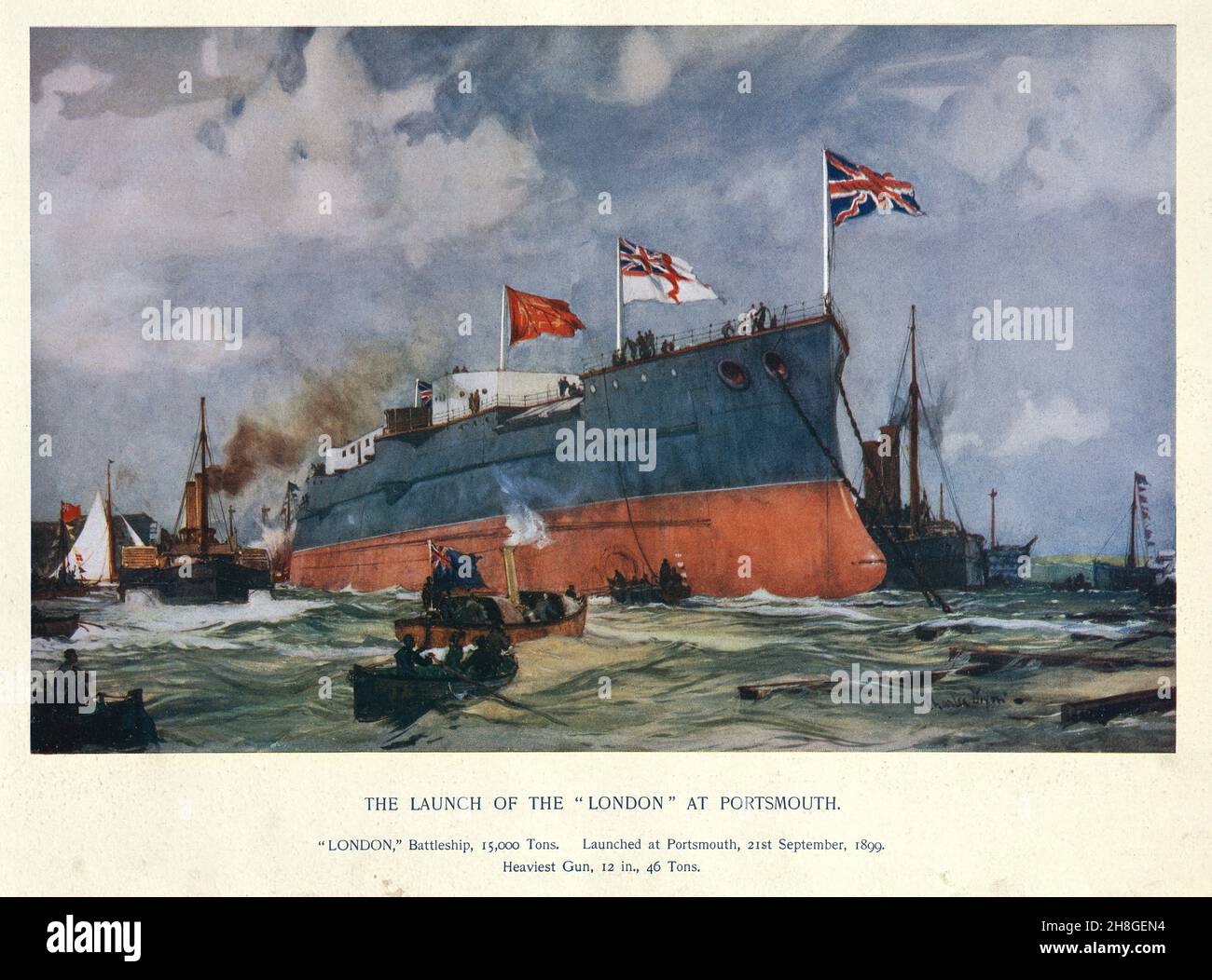 Lancio della HMS London a Portsmouth. La nave principale della classe londinese di navi da guerra pre-temibile costruite per la Royal Navy britannica Foto Stock