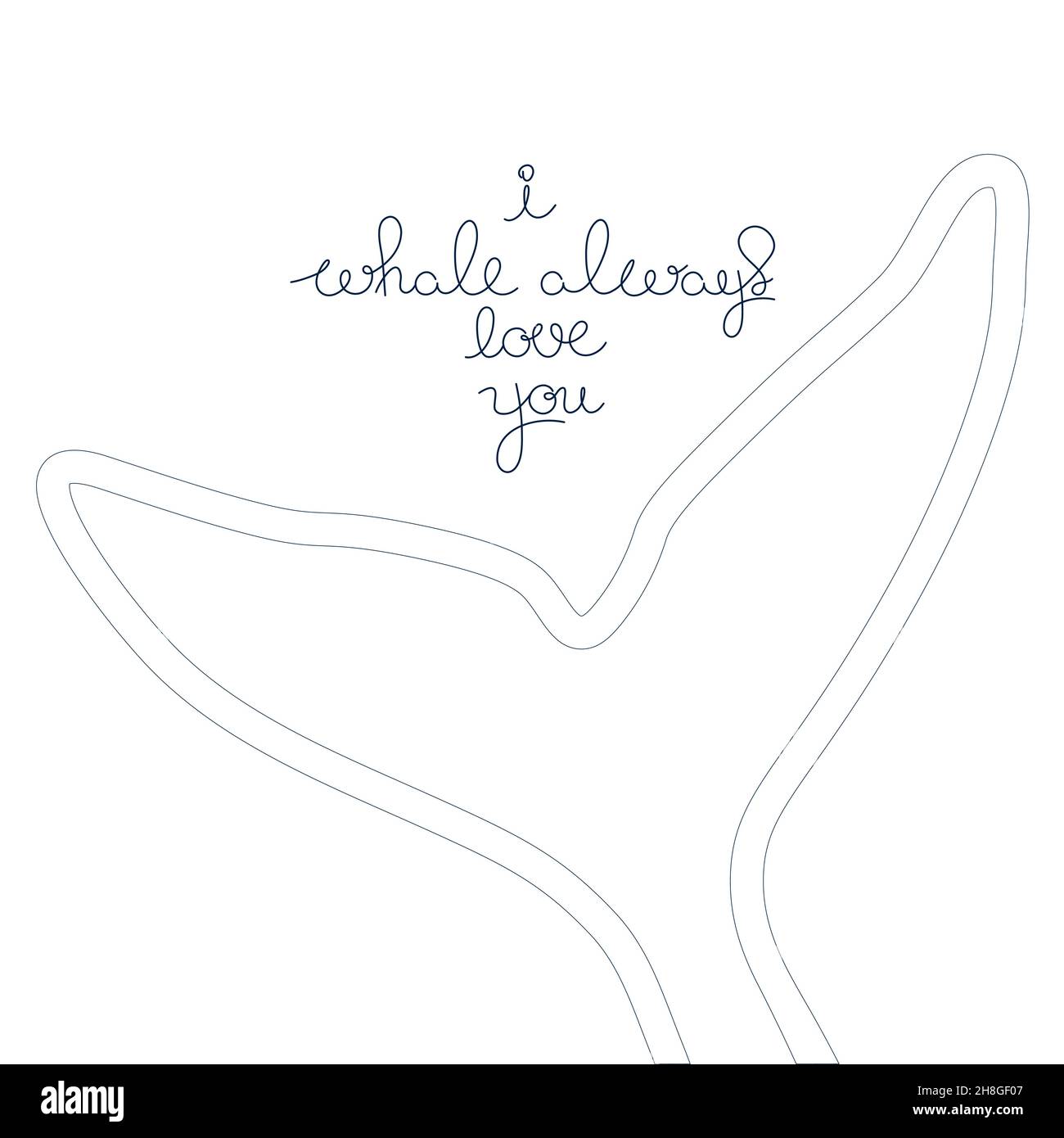 Coda di balena humpback con scritta frase disegnata a mano minimal semplice contorno vettoriale illustrazione del logo. Disegno del contorno isolato su sfondo bianco Illustrazione Vettoriale