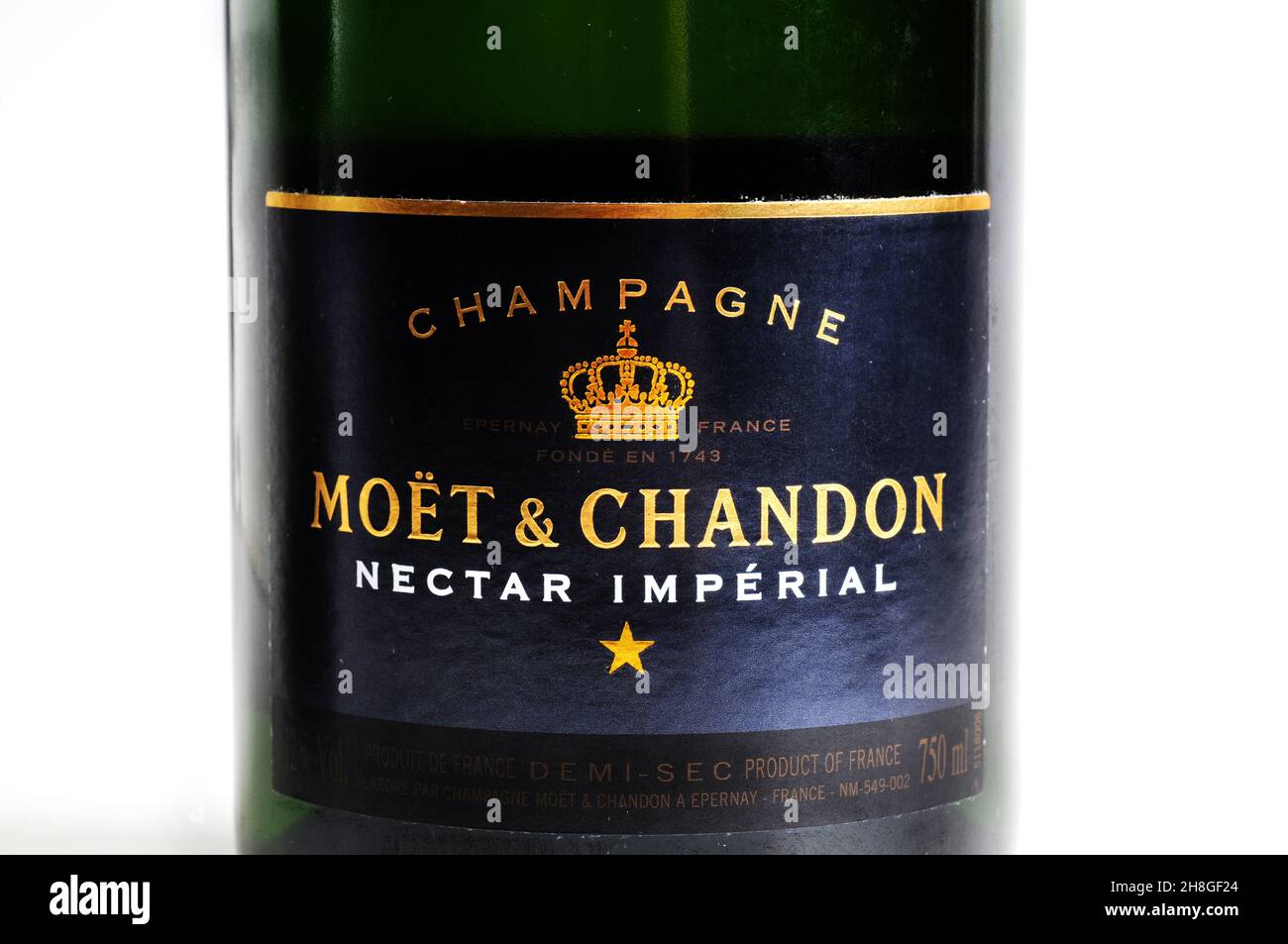Bottiglia di champagne Moet and Chandon Brut Nectar Imperial, etichetta vino frizzante Foto Stock
