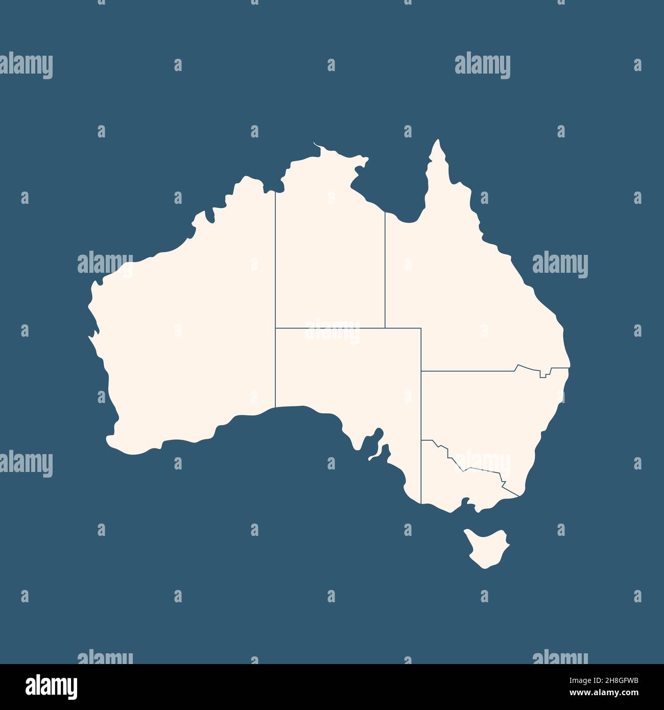 Mappe dell'Australia impostate con i confini degli stati isolati sul bianco. Mappa di colore grigio impostata. Foto Stock
