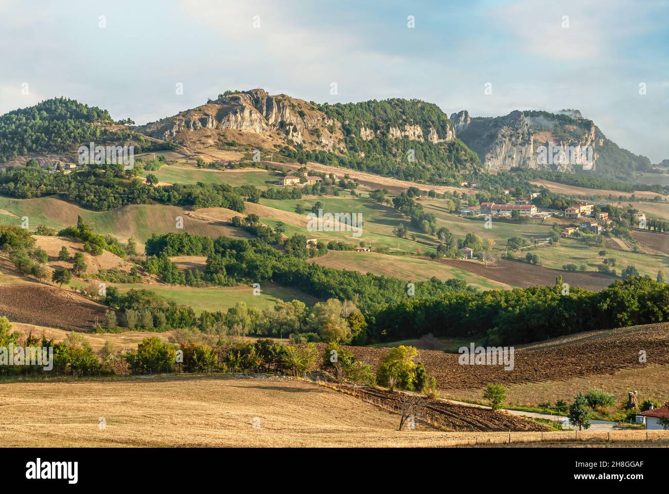 Paesaggio panoramico vicino a San Leo, Emilia-Romagna, Italia Foto Stock