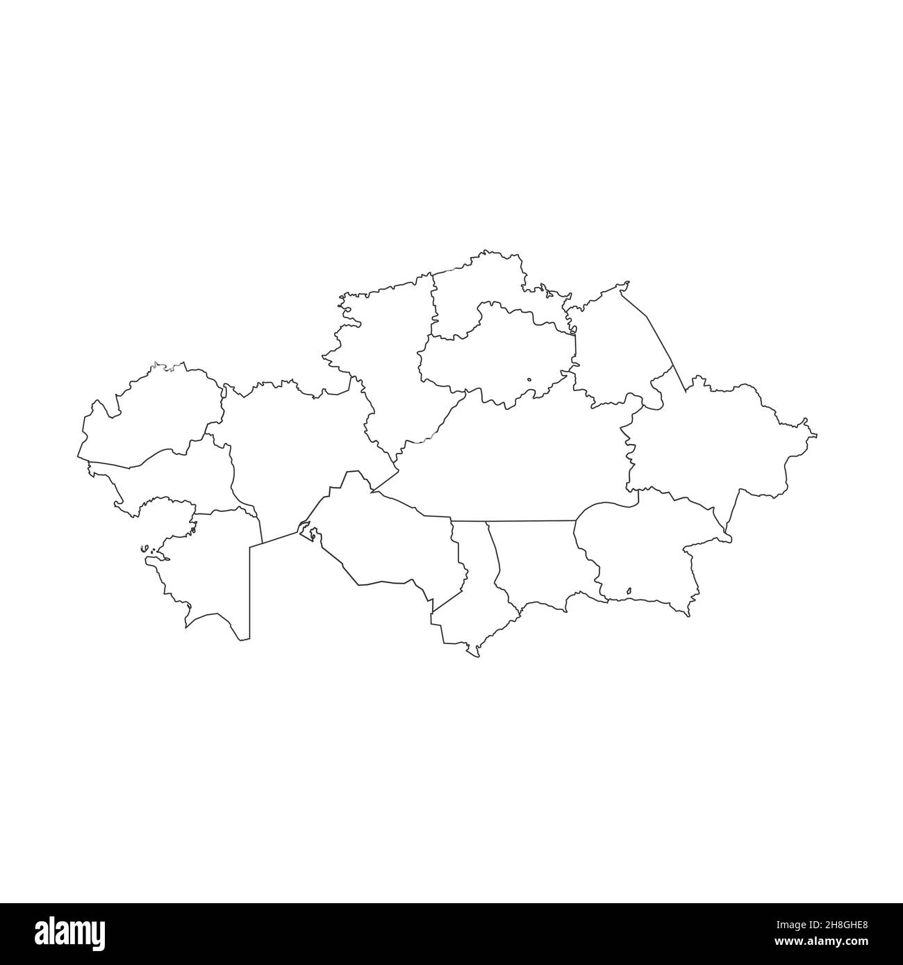 Mappa del Kazakistan, isolata su sfondo bianco. Modello mappa nero. Mappa del mondo semplificata con round Foto Stock