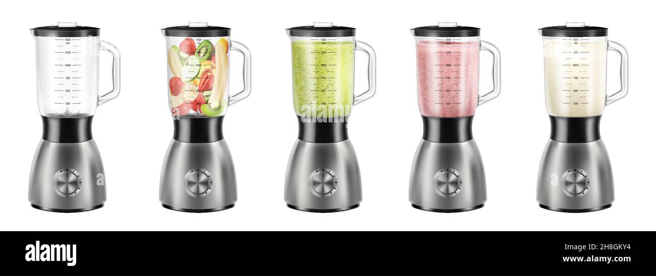 Frullatore realistico. Cucina elettrica per frullati. Miscelatore in acciaio vuoto e con diversi tipi di frullati di disintossicazione della frutta. Attrezzatura per cucinare Illustrazione Vettoriale