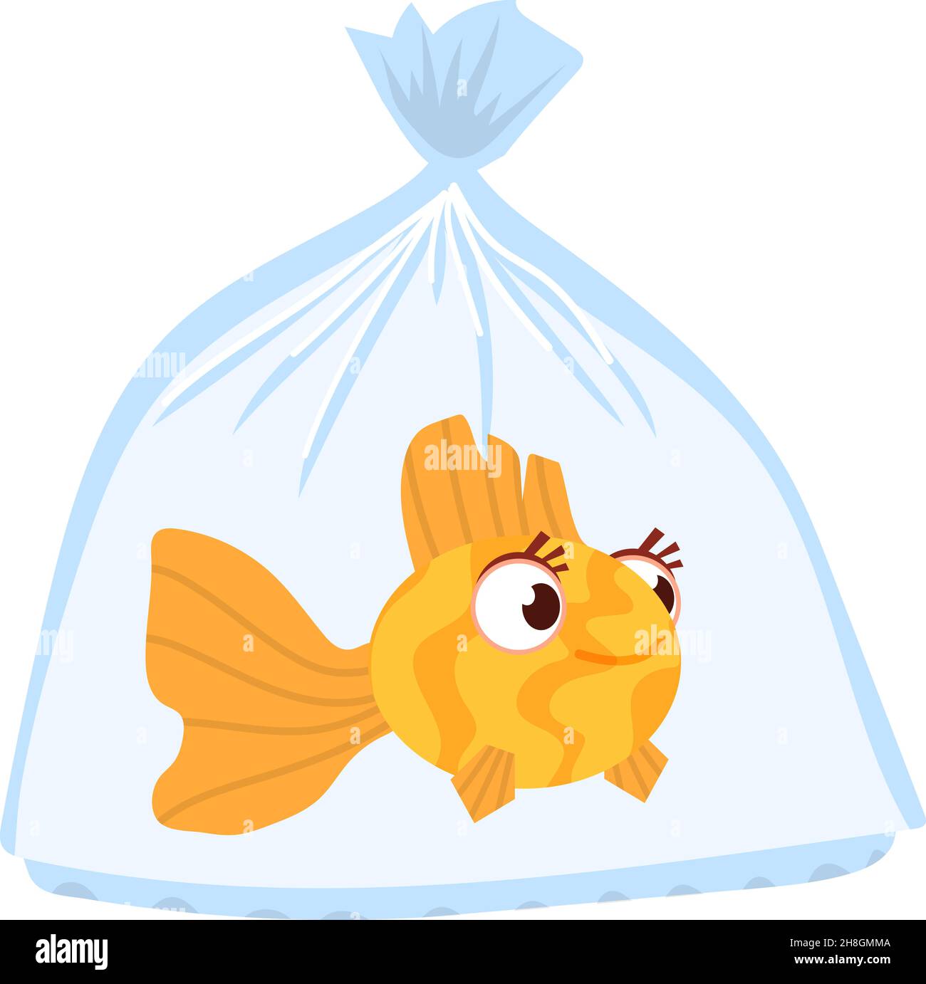 Il pesce nuota in una borsa di plastica. Cartoon goldfish in acqua Illustrazione Vettoriale