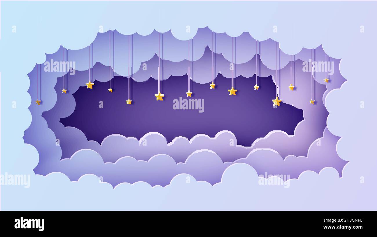 Notte cielo nuvole cornice rettangolare con stelle su corda in carta taglio stile. Ritagliare lo sfondo 3d con il blu violetto sfumatura paesaggio nuvoloso papercut Illustrazione Vettoriale