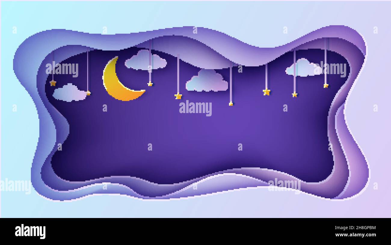 Cornice rettangolare del cielo notturno con stelle e nuvole su corda e luna crescent in stile carta tagliata. Cut out 3d background papercut art, fairy racconto vettoriale Illustrazione Vettoriale